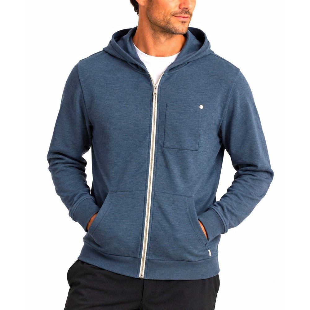 Vuori Mens Hooded Full Zip Track Jacket Blue Heather Pockets Size L NWT